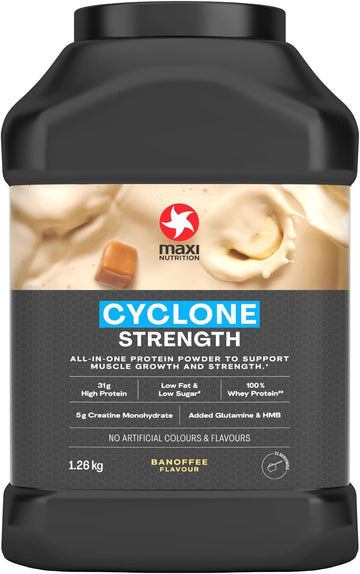 MaxiNutrition - Cyclone, Banoffee - Premium Whey Protein Powder with Added Creatine ? Low in Sugar and Fat, Vegetarian-Friendly - 31g Protein, 204 kcal per Serving, 1.26kg