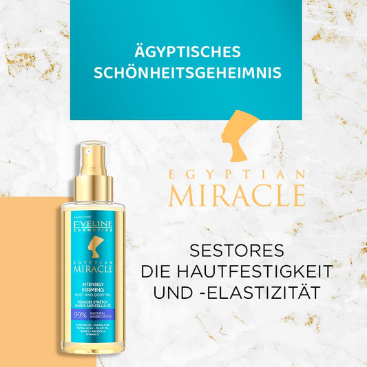 Eveline Cosmetics Egyptian Miracle Intensely Tightening Oil For Bust & Body Reduces Stretch Marks Cellulite Quick Absorption 98% Natural Composition Vegan Formula 150 Ml