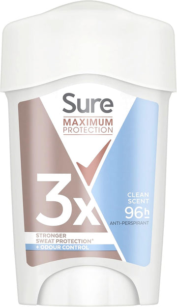 Sure Maximum Protection Clean Scent Anti-Perspirant Cream Women'S Deodorant Stick With 3X Stronger* Sweat Protection For 96 Hour Sweat And Odour Protection 45 Ml