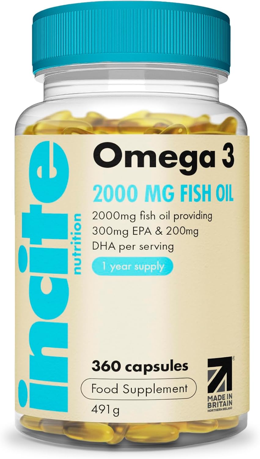 Incite Nutrition Omega 3 Fish Oil Capsules 2000 Mg. 360 Softgels. 6 Month Supply Of High Strength Omega 3 Fatty Acids With Epa & Dha. Non-Gmo, Uk Made, No Fishy Aftertaste