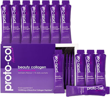 Proto-Col Beauty Collagen Supplements For Women - 10,000Mg Bovine Collagen Peptides With Hyaluronic Acid, Vitamins And Minerals - Red Berry Flavour - 15 Sachets