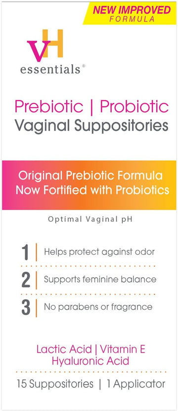 vH essentials Prebiotic PH Balanced Vaginal SuppositoriesBox, Original Version, 15 Count