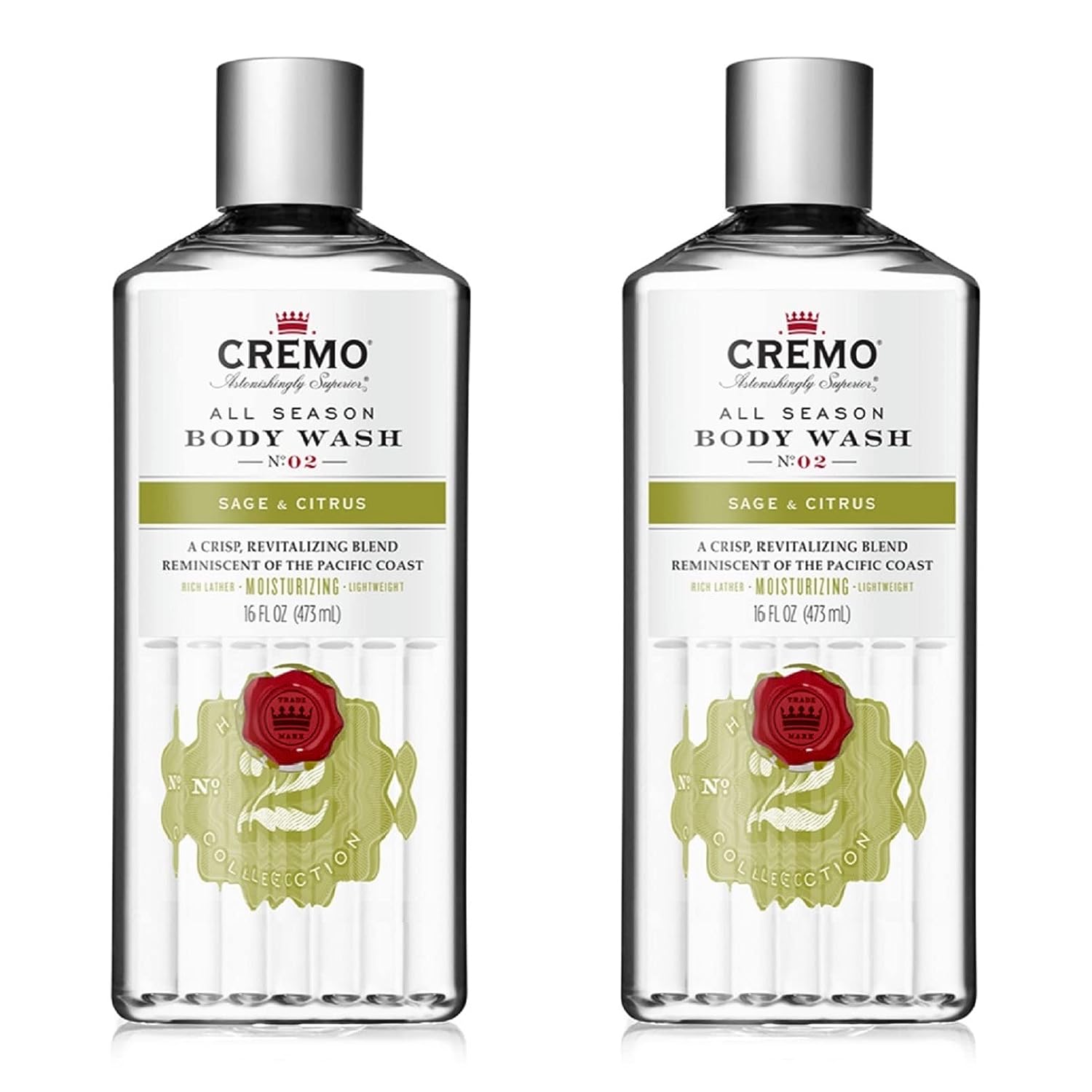 Cremo Rich-Lathering Sage & Citrus Body Wash, A Revitalizing Combination of Bright Mandarin, Dry Herbs and White Cedar, 16 Fl Oz (2-Pack)