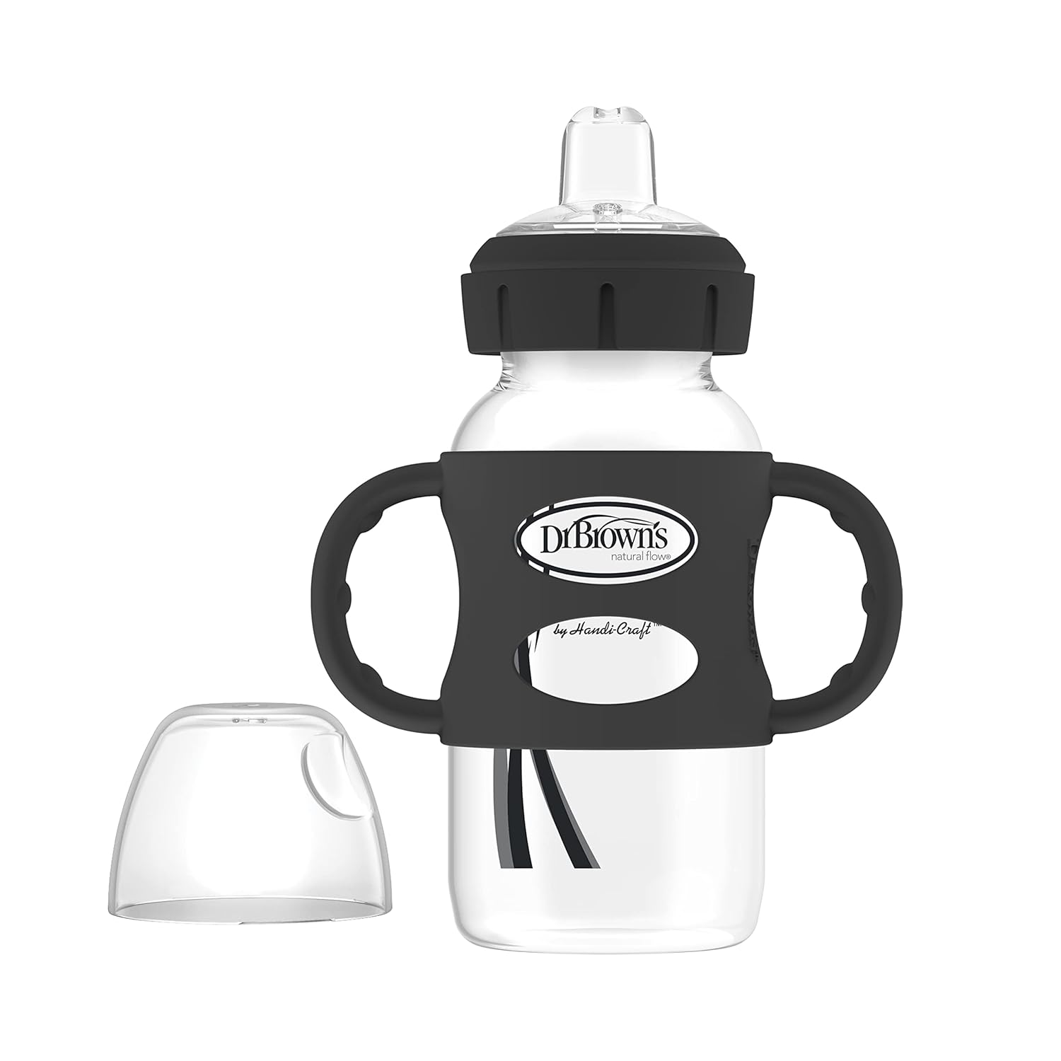 Dr. Brown'S Milestones Wide-Neck Sippy Spout Bottle With 100% Silicone Handles, Easy-Grip Handles With Soft Sippy Spout, 9Oz/270Ml, Black, 1-Pack, 6M+
