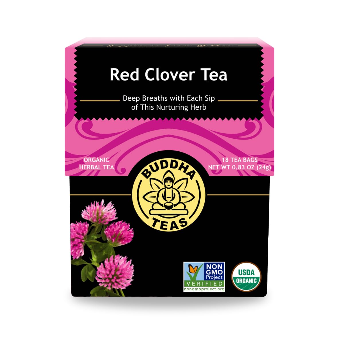 Buddha Teas - Red Clover Flower Tea - Organic Herbal Tea - For Women’S Health - Balance & Boost - Caffeine Free - 100% Kosher & Non-Gmo - 18 Tea Bags (Pack Of 1)