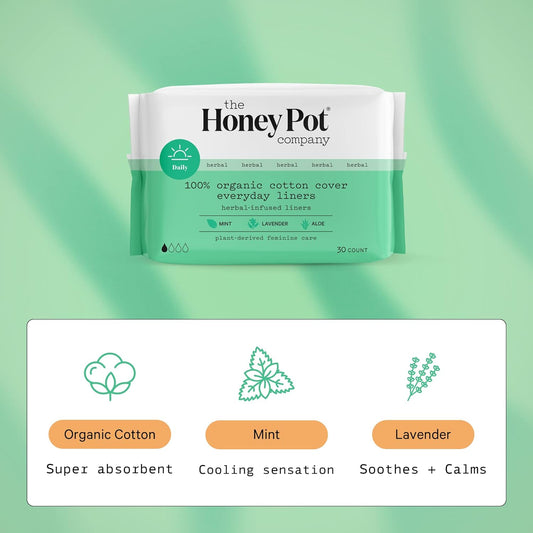 The Honey Pot Company Everyday Panty Liners, Herbal-Infused Clean Cotton Pantiliners, Plant-Derived Feminine & Menstrual Care, Green, Pantiliner, 30 Count