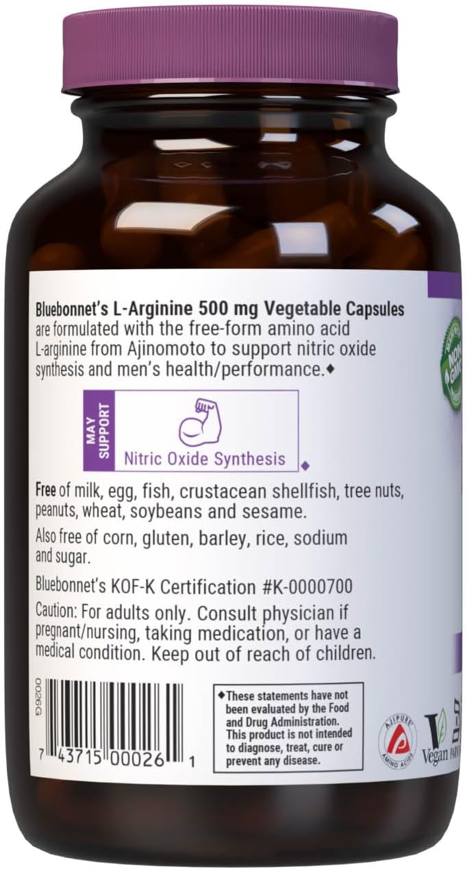 Bluebonnet Nutrition L-Arginine 500Mg, Free-Form Amino Acid, Nitric Oxide Precursor*, Soy-Free, Gluten-Free, Non-Gmo, Kosher Certified, Vegan, 100 Vegetable Capsules, 100 Servings, White : Health & Household