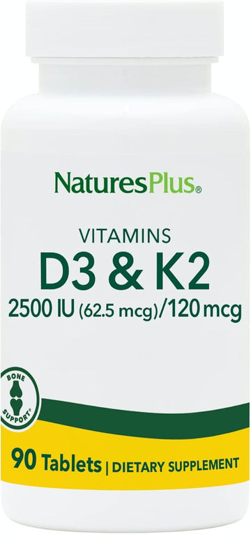 Natures Plus Vitamins D3 & K2-90 Tablets - Promotes Bone Support, Immune Function, Cardiovascular Health & Mood Balance - Vegetarian, Gluten Free - 90 Servings
