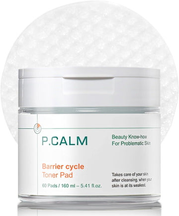 P.Calm Barrier Cycle Toner Pad 60 Pads | Korean Skincare Daily Toner Pads For Calming Hydrating Soothing Sebum Care For Sensitive Skin | Vegan Cruelty-Free Fragrance-Free Zit Zap