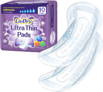 Livdry Incontinence Ultra Thin Pads For Women | Leak Protection And Odor Control | Extra Absorbent (Ultimate 10-Count)