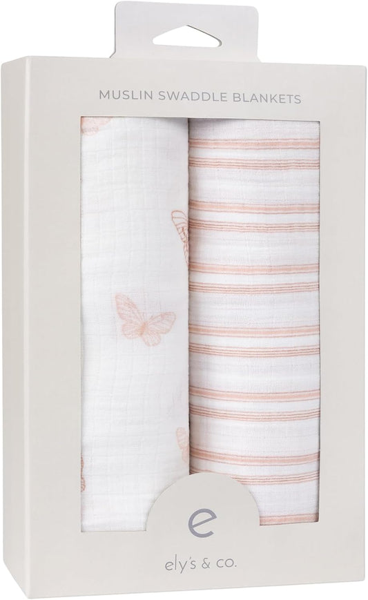 Ely'S & Co. Muslin Swaddle Blankets 2-Pack For Baby Girl, 100% Cotton Muslin Extra Large Swaddle Receiving Blankets, 47”X47” (Pink Butterflies + Stripes)