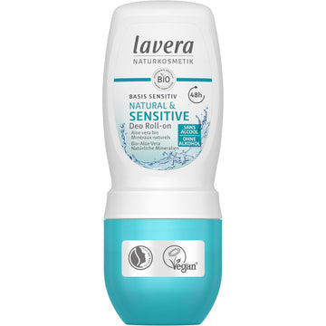 Lavera Deo Roll-On Basis Sensitiv Natural & Sensitive Natural & Sensitive 48H - Vegan - Natural Cosmetics - Organic Aloe Vera & Natural Minerals - Without Aluminum - 48H Protection - 1.7 Fl Oz