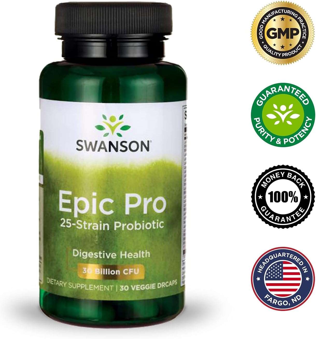 Swanson Epic-Pro 25-Strain Probiotic 30 Billion CFU Digestive Health Immune System Support Prebiotic Nutraflora FOS 30 DRcaps Veggie Capsules (Caps) : Health & Household