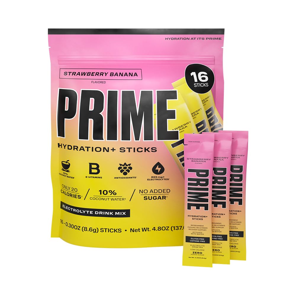 Prime Hydration+ Sticks Strawberry Banana | Hydration Powder Single Serve Sticks | Electrolyte Powder On The Go | Low Sugar | Caffeine-Free | Vegan | 16 Sticks