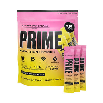 Prime Hydration+ Sticks Strawberry Banana | Hydration Powder Single Serve Sticks | Electrolyte Powder On The Go | Low Sugar | Caffeine-Free | Vegan | 16 Sticks
