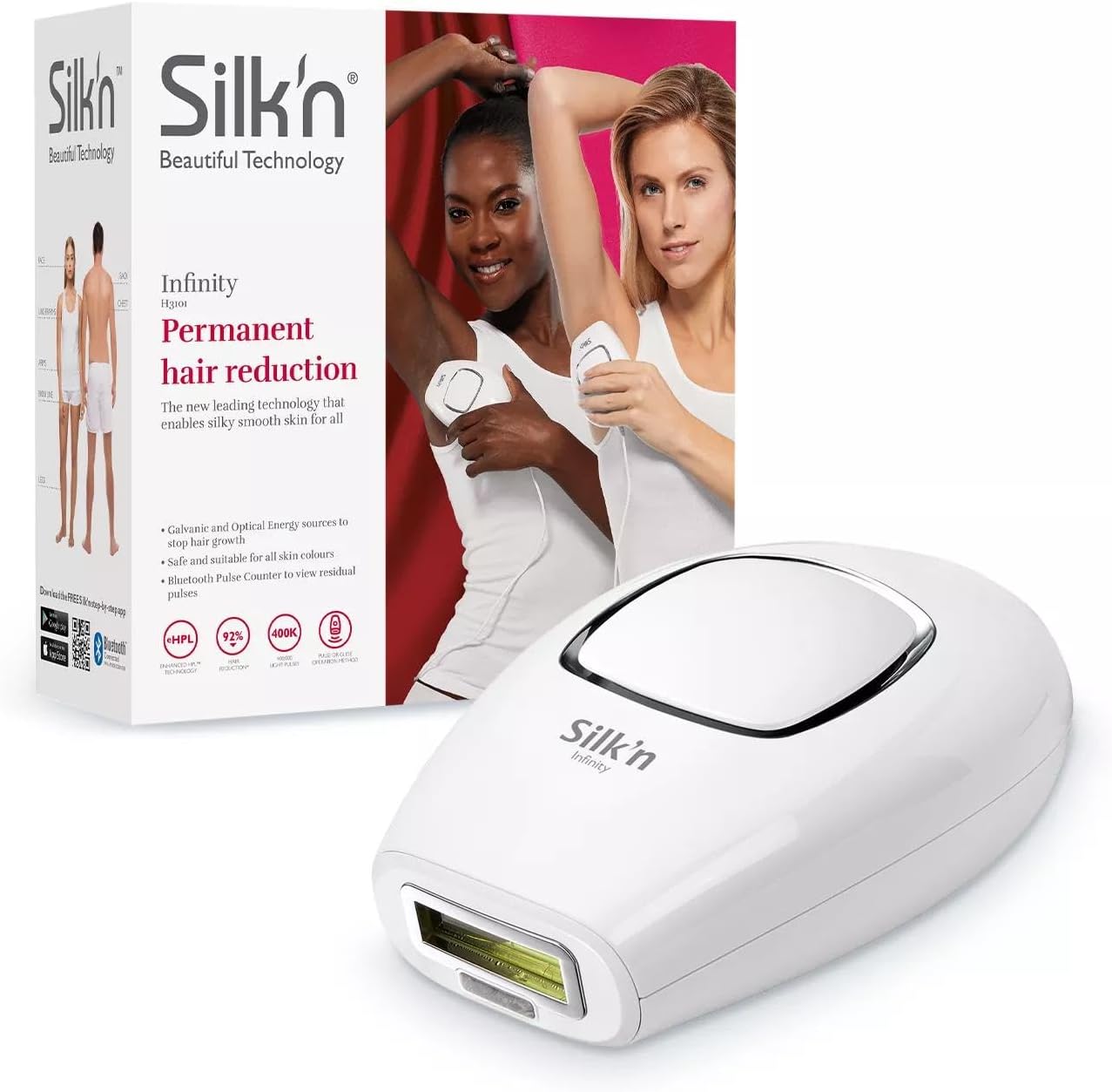 Silk'N Permanent Hair Remover For Light To Dark Skin, 400,000 Light Pulses, Pulse And Sliding Technology, Ehpl, Infinity, White, Inf1Pe1001