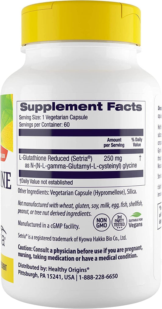 Healthy Origins L-Glutathione (Setria) Reduced, 250 mg - Immune Support Supplement - Collagen & Antioxidant Support - Gluten-Free Supplement - 60 Veggie Capsules