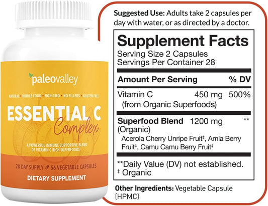 Paleovalley Essential C Complex - Vitamin C Supplement for Immune Support - 3 Pack, 450mg - From Organic Superfoods Unripe Acerola Cherry, Camu Camu, Amla Berry - No Synthetic Ascorbic Acid - USA Made