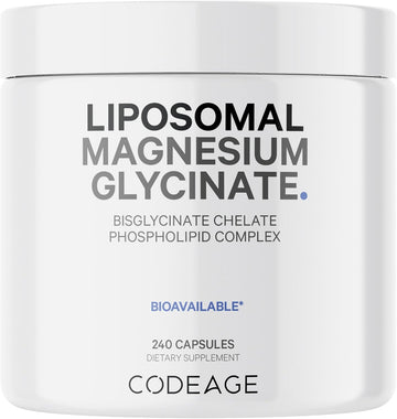 Codeage Liposomal Magnesium Glycinate Supplement, 2-Month Supply, Bisglycinate Magnesium Chelate, Chelated Magnesium Mineral Pills, Bioperine Black Pepper Vitamins Capsules, Non-Gmo Vegan, 240 Ct