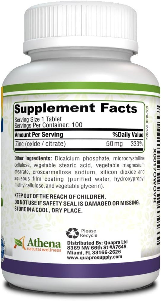 Athena - Zinc Supplement Tablets 50mg - Oxide/Citrate - 100 Coated Tab