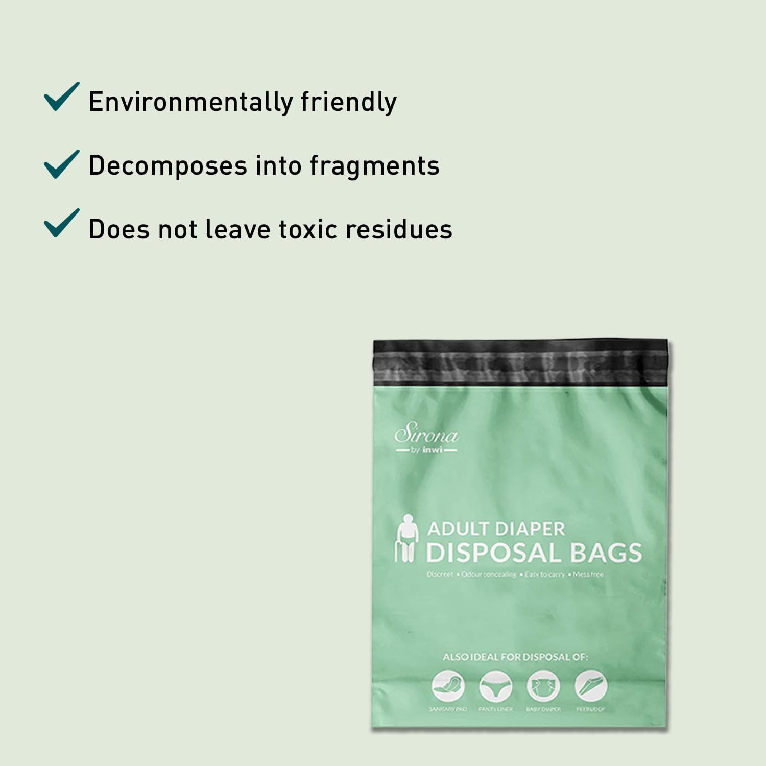Sirona Disposable Bags For Adult Diapers | Discreet, Locks In Odors, Leak-Proof Adhesive, Environmentally Friendly & Biodegradable | Travel-Friendly Disposal Bags Pack Of 10