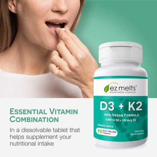 EZ Melts Dissolvable Vitamin D3 K2 5,000 IU, Bone & Joint Support, Sugar-Free, 3-Month Supply