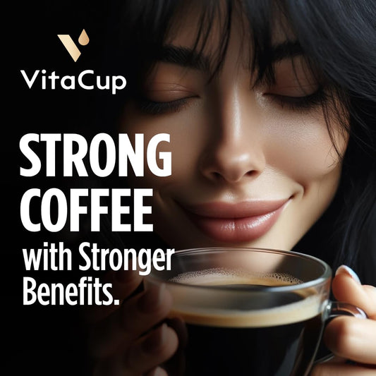 Vitacup Extra Shot Strong Coffee Pods, Bold & Intense Dark Roast W/Espresso Shot, High Caffeine, Vitamin B12, Antioxidants, Recyclable Single Serve Pod Compatible W/Keurig K-Cup Brewers, 64Ct