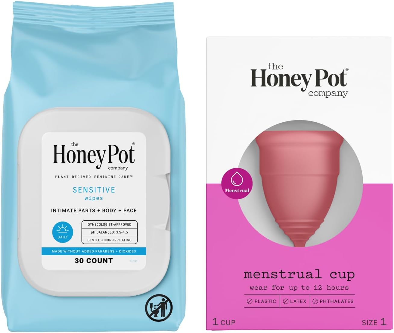 The Honey Pot Company - Sensitive Wipes 30 Ct - Daily Ph Balancing, Fragrance & Sulfate Free For Intimate Parts, Body, Or Face & Size 1 Menstrual Cup Bundle -12 Hour Reusable Protection For Periods