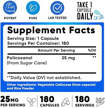 We Like Vitamins Policosanol 25Mg - 180 Capsules - Policosanol Supplement Made From Natural Sugar Cane - Non-Gmo And Gluten-Free