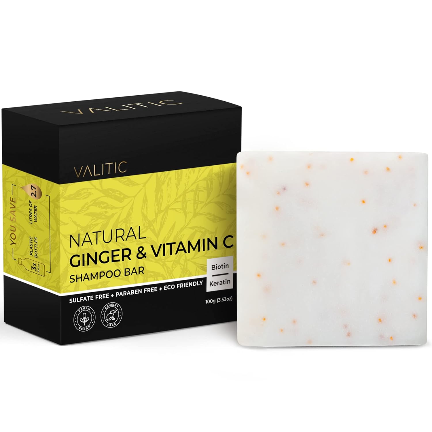 Valitic Natural Ginger & Vitamin C Shampoo Bar - Anti Dandruff, Strengthens And Promotes Hair Revitalization - Sls & Paraben Free - Vegan Eco Friendly - Natural Biotin & Keratin - For All Hair Types