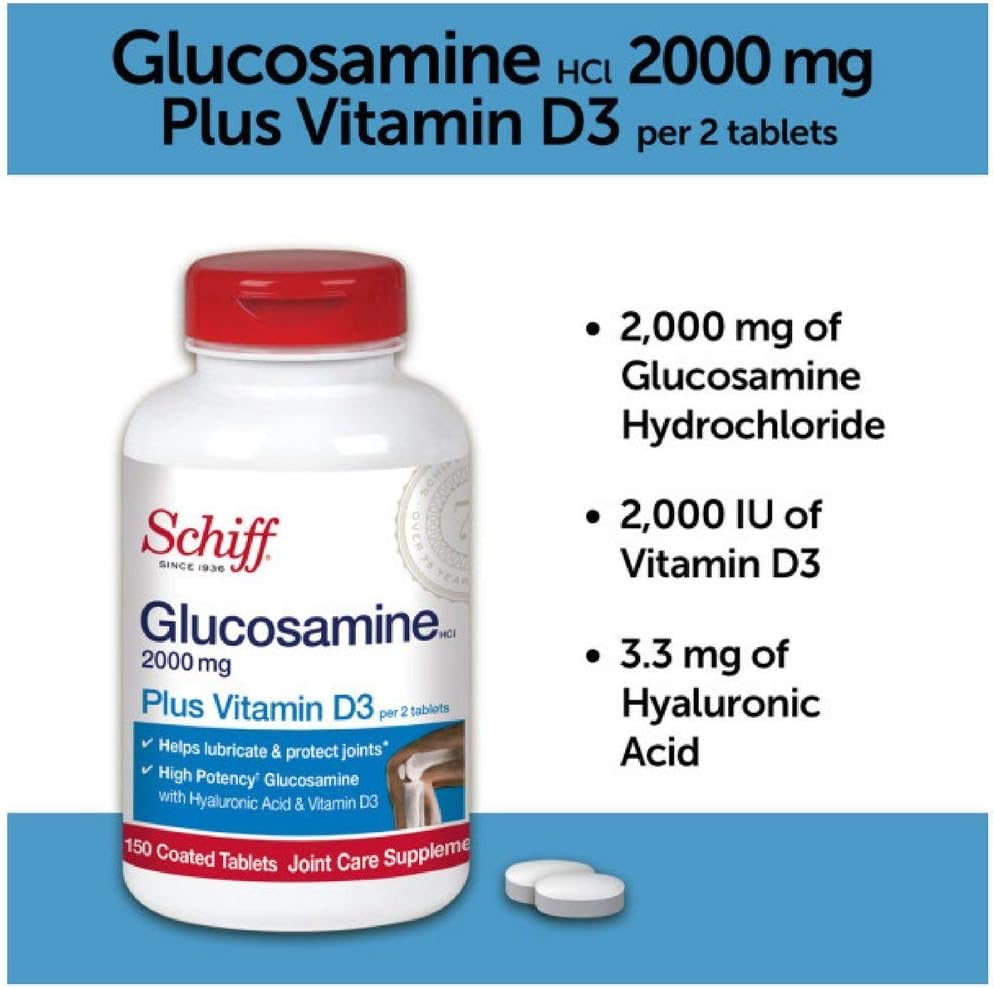 Schiff Glucosamine 2000mg with Vitamin D3 and Hyaluronic Acid, 150 Tablets - Joint Supplement (Pack of 3)