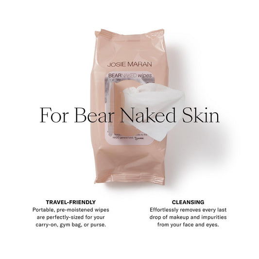 Josie Maran Bear Naked Facial Cleansing Wipes - Travel Size Makeup Remover Wipes with Argan Oil & Aloe Vera for Clean, Nourished & Refreshed Skin - Vegan & Cruelty-Free (30 Count)