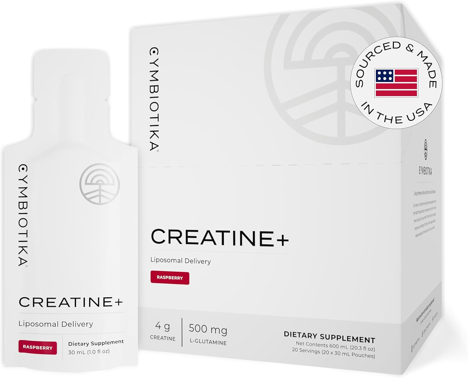 Cymbiotika Creatine+, Creatine And Glutamine Supplement For Amino Energy, Recovery, Muscle Mass & Brain Support, Liposomal Delivery, Gluten Free & Vegan, Raspberry Flavor - 30Ml Pouches (Pack Of 20)