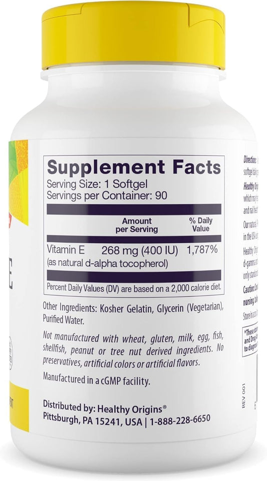 Healthy Origins Vitamin E 400 Iu (Natural, Non-Gmo, Gluten Free, Skin Support, Cardiovascular Support), 360 Softgels