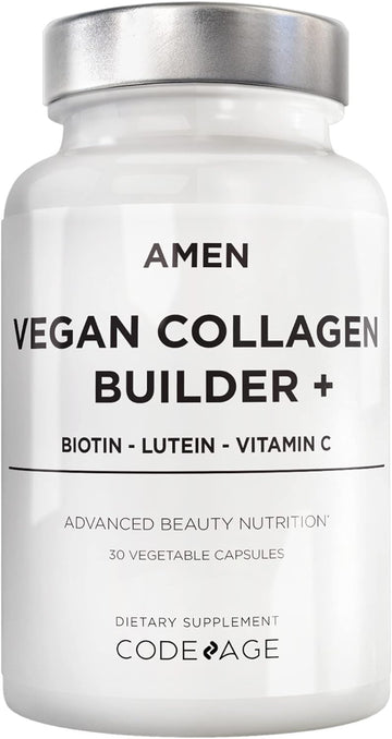Plant-Based Vegan Collagen Builder Supplement - Organic Whole Foods, Lutein, Vitamin C, Biotin, Lysine, Proline Collagen Boosters - Organic Cranberry, Lemon, Strawberry - Once A Day - 30 Capsules