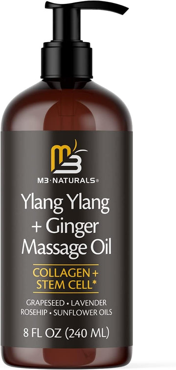 Ylang Ylang + Ginger Massage Oil For Massage Therapy And Manipulation Therapy | Collagen And Stem Cell Anti Cellulite Body Oil For Lymphatic Massage And Sore Muscles Skincare By M3 Naturals