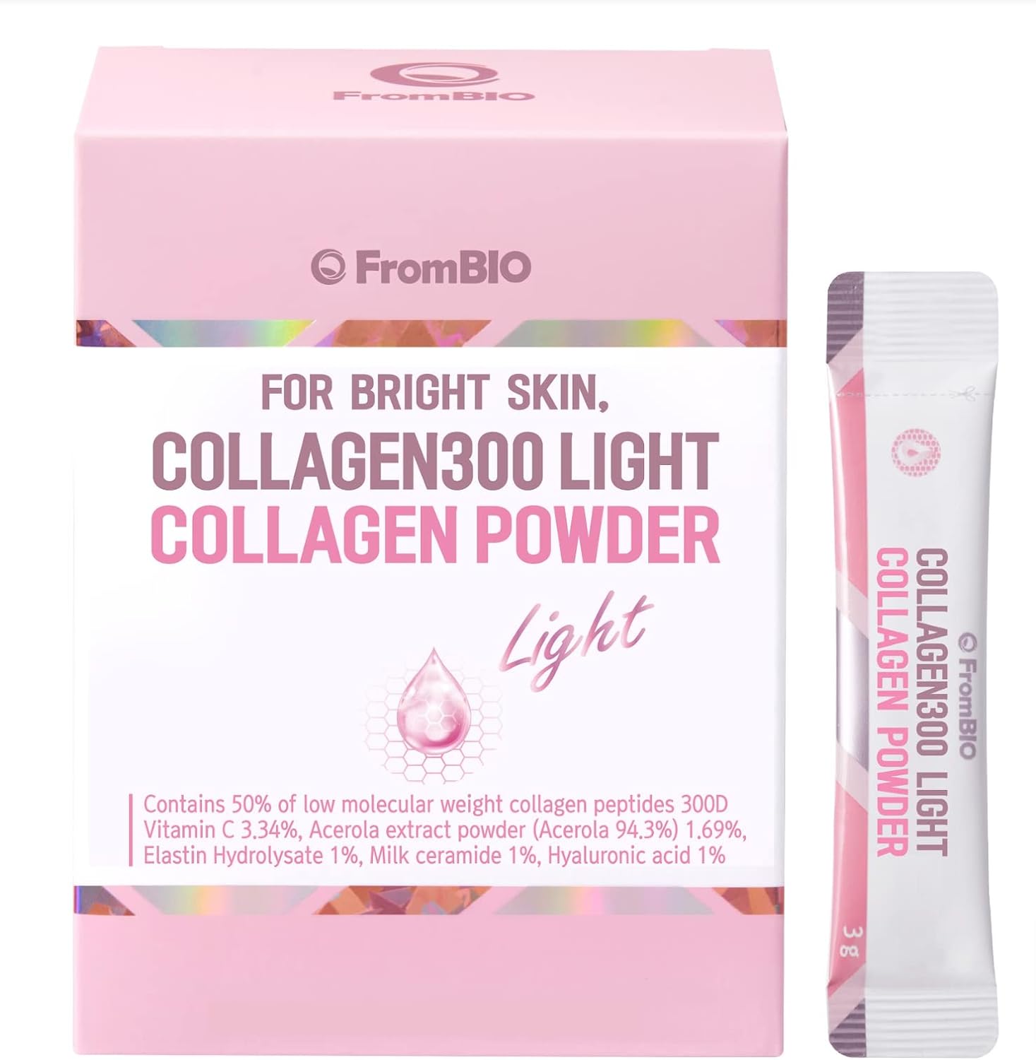 Frombio For Bright Skin, Collagen 300 Light, Low Molecular Weight Fish Collagen Peptides 300D 1,500Mg (28 Packets)