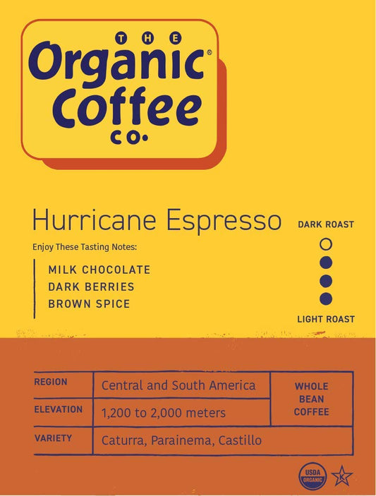 The Organic Coffee Co. Whole Bean Coffee - Hurricane Espresso Roast (2lb Bag), Medium Dark Roast, USDA Organic