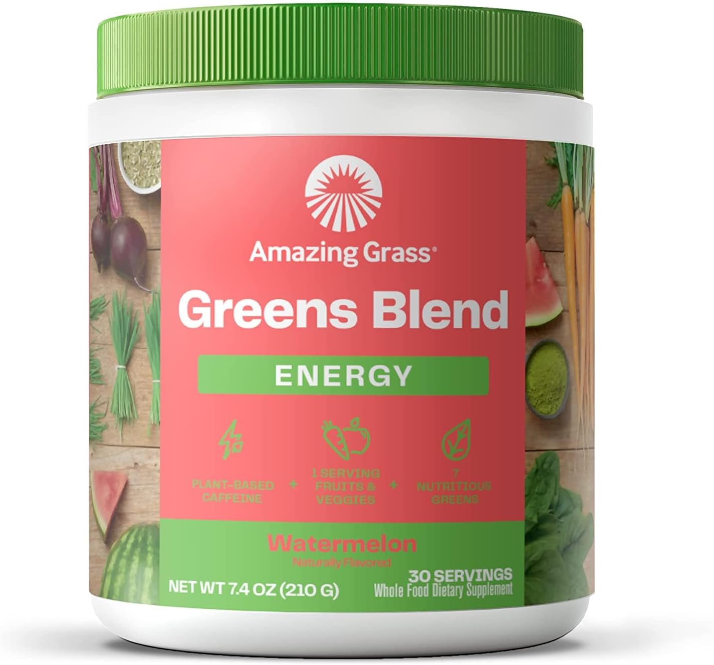 Amazing Grass Greens Superfood Energy: Greens Powder With Plant Based Caffeine, Matcha Green Tea & Beet Root Powder, Watermelon, 30 Servings (Packaging May Vary)