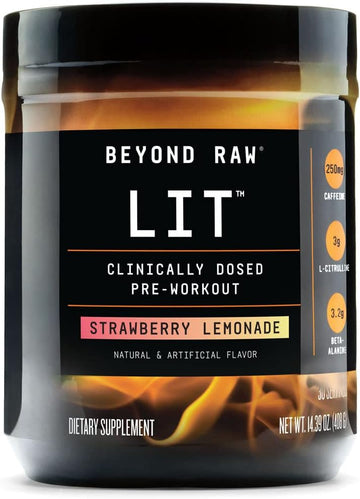 Beyond Raw Lit | Clinically Dosed Pre-Workout Powder | Contains Caffeine, L-Citrulline, Beta-Alanine, And Nitric Oxide | Strawberry Lemonade | 30 Servings