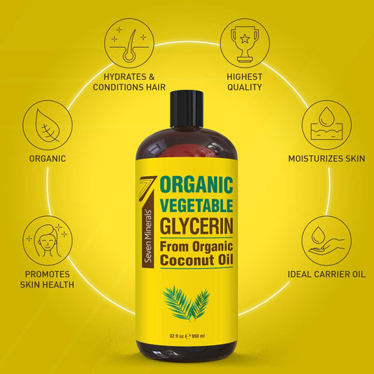 Seven Minerals, Organic Vegetable Glycerin - Big 32 Fl Oz Bottle - No Palm Oil, Made With Organic Coconut Oil - Therapeutical Grade Glycerine For Diys - Hair, Nails & Skin Moisturizer - Non-Gmo