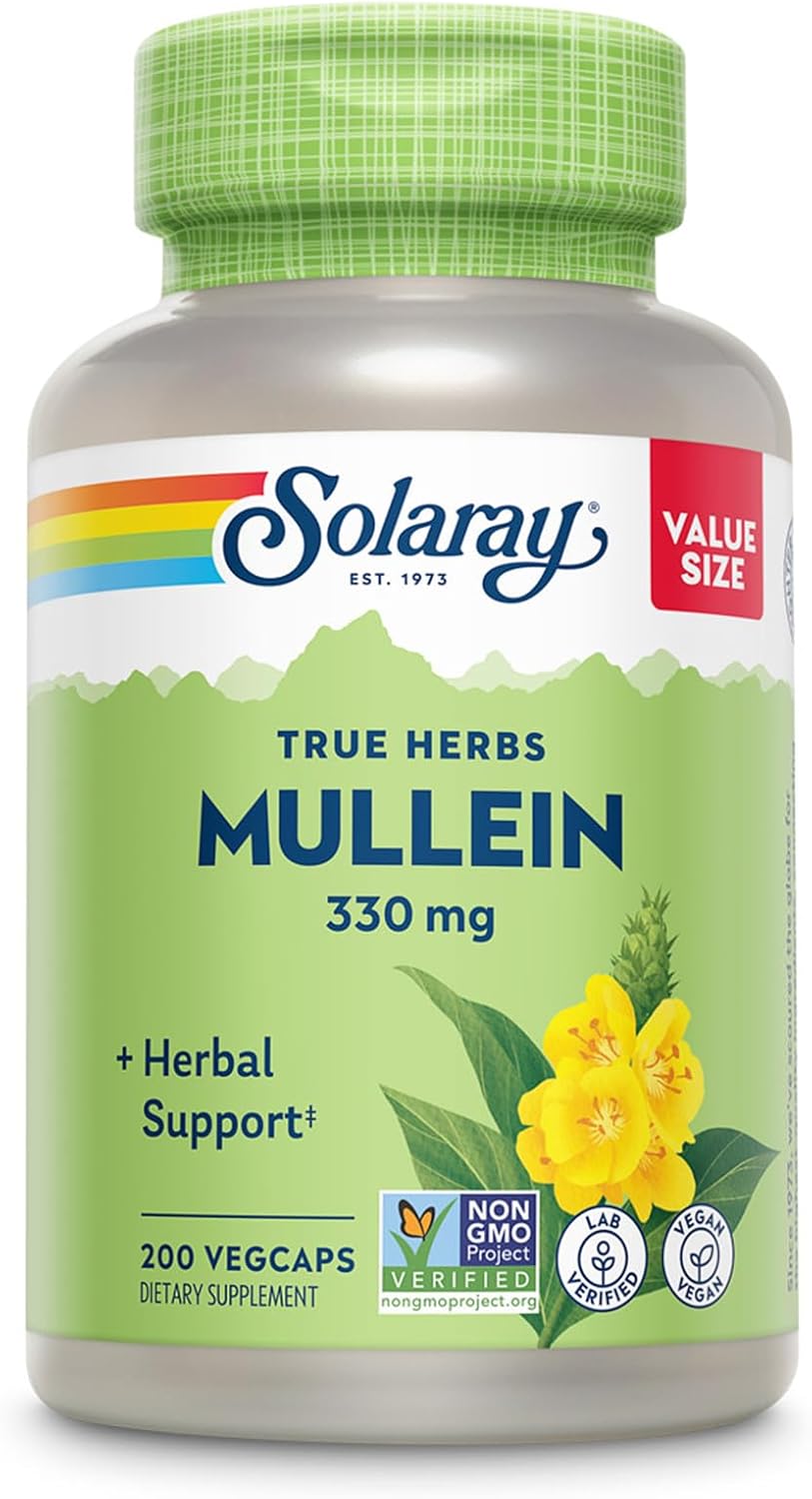 Solaray Mullein Leaf 330 Mg - Soothing Herbal Support - Mullein Capsules Traditionally Used To Support Health And Wellness - Vegan, Non-Gmo, Lab Verified, 60-Day Guarantee, 200 Servings, 200 Vegcaps