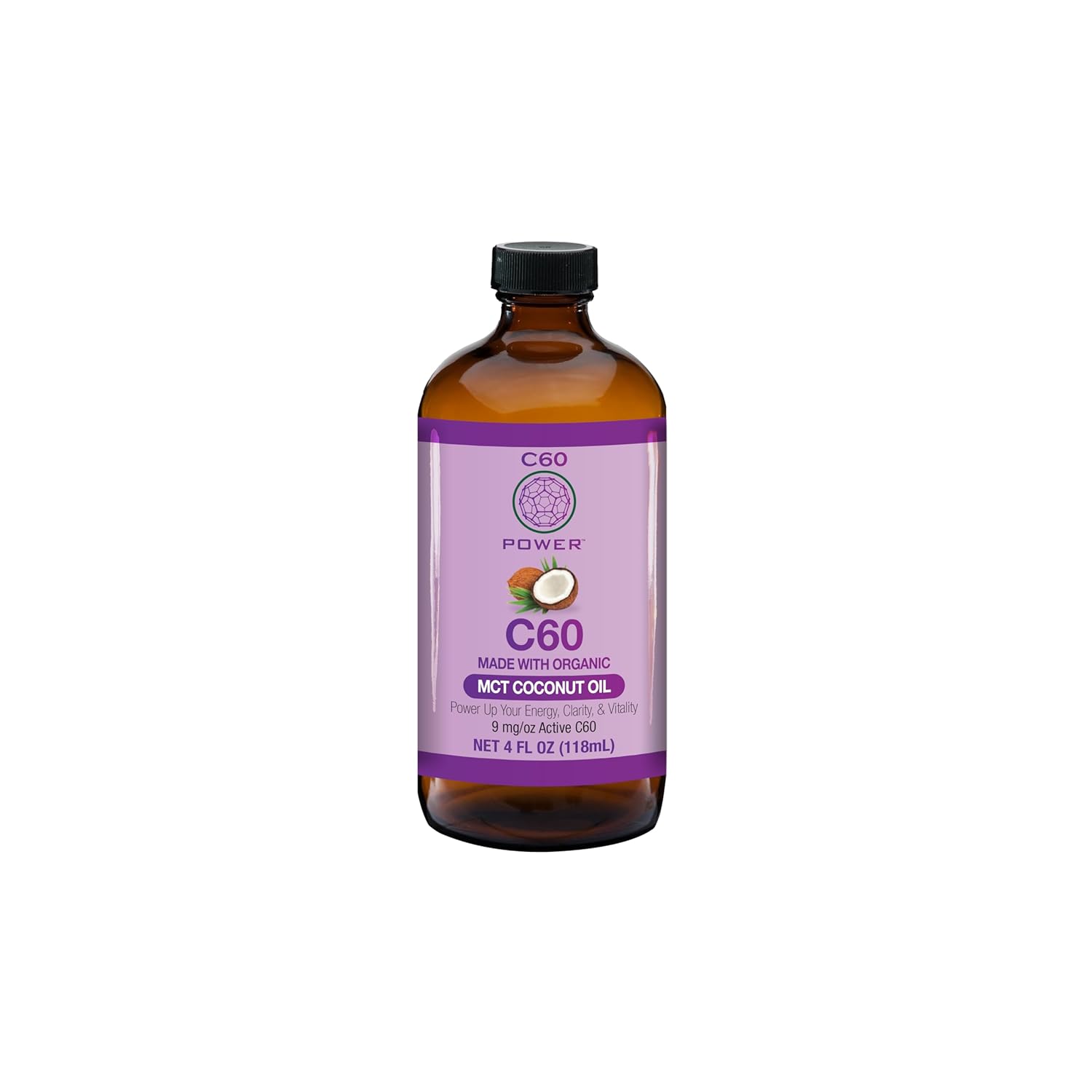 C60 Power - Mct 4-Oz.- Organic Coconut Mct Oil, 4 Fl Oz, 99.99% Pure Carbon Fullerenes, Lift Oxidative Burden, Optimize Mitochondrial Function