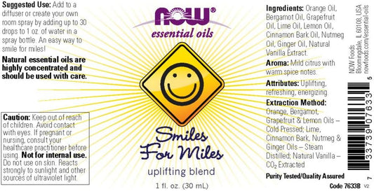 Now Essential Oils, Smiles For Miles Aromatherapy Blend, Refreshing Aromatherapy Scent, Blend Of Pure Essential Oils, Vegan, Child Resistant Cap, 1-Ounce