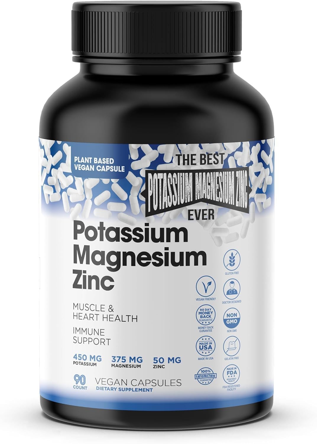 Magnesium Potassium Supplements W/Zinc - 90 Capsules - Magnesium Potassium Zinc For Vascular Health – High Absorption Vegan Potassium Magnesium Supplement For Leg Cramps & Sleep