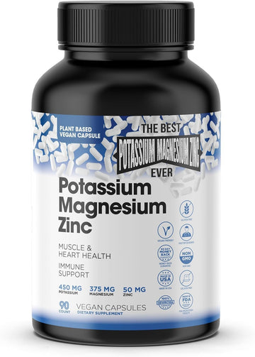Magnesium Potassium Supplements W/Zinc - 90 Capsules - Magnesium Potassium Zinc For Vascular Health – High Absorption Vegan Potassium Magnesium Supplement For Leg Cramps & Sleep