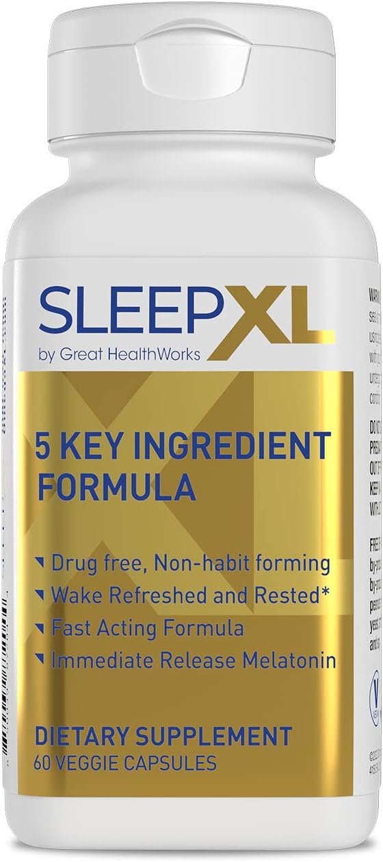 SleepXL Sleep Supplement Non-Habit-Forming Formula - Fall Asleep Faster & Sleep Longer - 5 key ingredients include Melatonin, L-Theanine, Chamomile, Magnesium & Vitamin B6 (60 Capsules, 30 Servings)