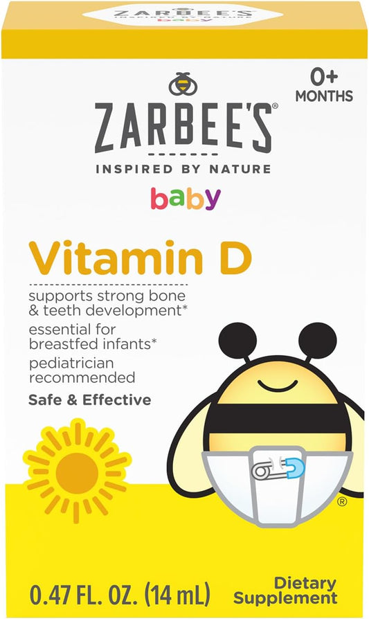 Zarbee's Vitamin D Drops for Infants, 400IU (10mcg) Baby & Toddler Liquid Supplement, Newborn & Up, Dropper Syringe Included, Pack of 2 0.47 Fl Oz Bottles