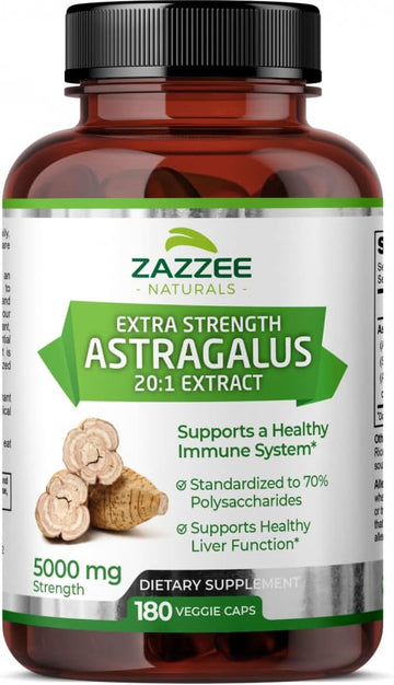 Zazzee Extra Strength Astragalus Root 20:1 Extract, 5000 Mg Strength, 70% Polysaccharides, 180 Vegan Capsules, 6 Month Supply, 100% Vegetarian, Standardized And Concentrated 20X Extract, Non-Gmo