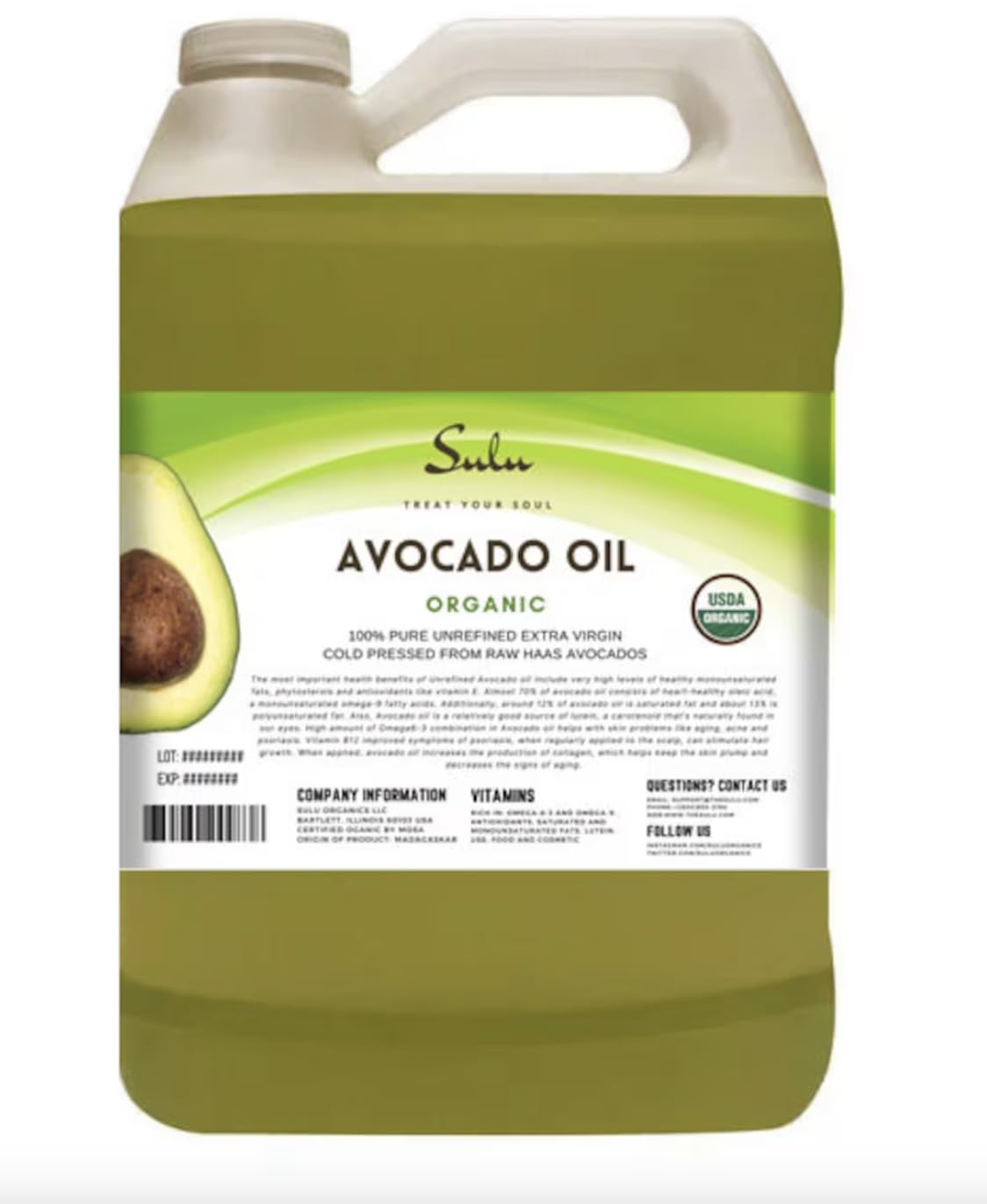 Usda Certified Organic Cold Pressed Unrefined Raw Avocado Oil - 1 Gallon/128 Fl.Oz